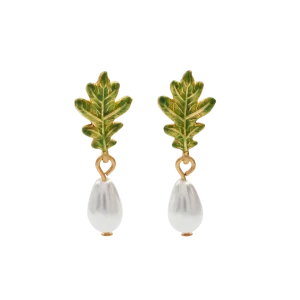 Gold Oak Leaf Pearl Drop Earrings