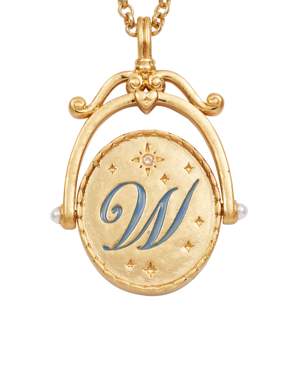 W Initial Water Lily Gold Spinner Necklace