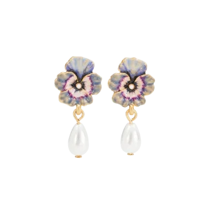 Gold Pansy & Pearl Drop Stud Earrings