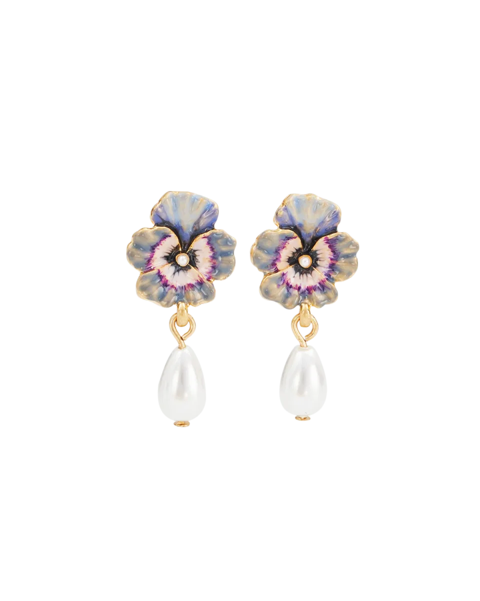 Gold Pansy & Pearl Drop Stud Earrings