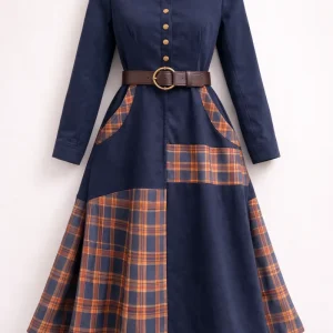 Vintage-Navy-Samt-Maxirobe mit Karo-Muster und Gürtel für einen eleganten und retro Stil