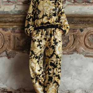 Elegantes Barock-Blumenprint-Langarm-Oberteil mit Hose mit weitem Bein Loungewear-Set