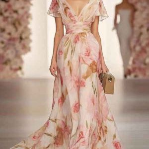 Lässiges Maxi-Kleid mit Taillendetail, Blumendruck und V-Ausschnitt mit kurzen Ärmeln