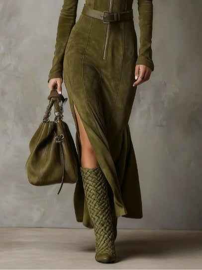 Elegantes Vintage-Grün Maxikleid mit Reißverschluss und Gürtel-Eleganter und zeitloser Stil