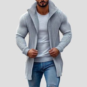 Julian gestreifter Strickcardigan mit Stehkragen - Mühelos chic, unverzichtbarer Alltagsbegleiter