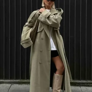 Eleganter Damen-Langmantel mit Rippkragen und Schnürung für einen lässigen Stil